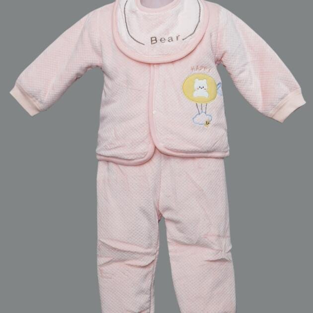 Pastel Pink Quilted Baby Bear Set – Jacket, Pants & Bib