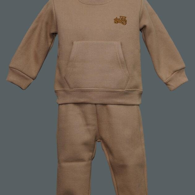 Camel Waffle-Knit Toddler Set with Tractor Embroidery