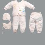 Soft Pink Baby Clothing Set – Coverall, Pants, Hat & Bib