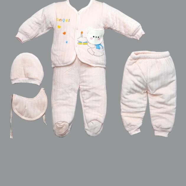 Soft Pink Baby Clothing Set – Coverall, Pants, Hat & Bib