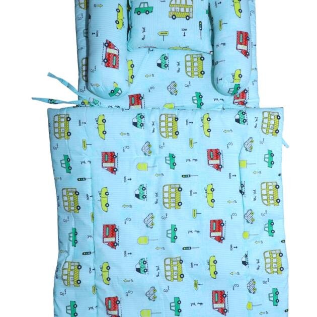 5‑Piece Baby Bedding Set — Blue Transport / Pastel Stars / Patchwork Smile / Blue Check / Pink Star