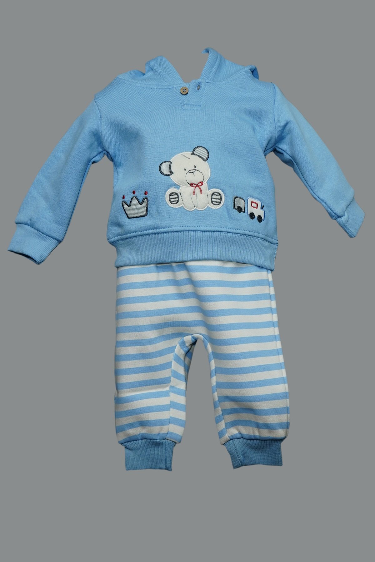 Sky Blue Teddy Hoodie & Striped Jogger Set